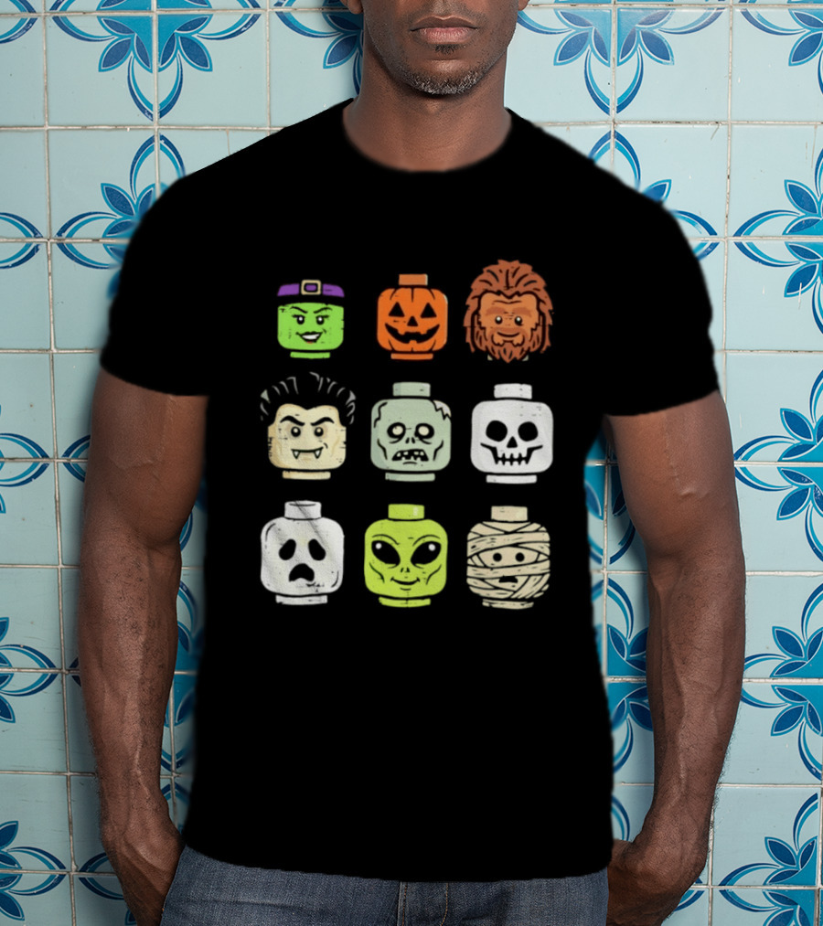 Distressed Halloween Minifigure Frankenstein Pumpkin Werewolf Dracula Zombie Ghost Alien Mummy Heads Collection T-Shirt