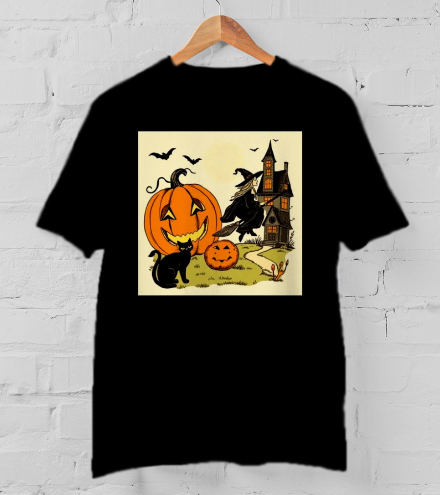 Spooktacular Halloween Black Cat Witch Pumpkin Haunted House T-Shirt