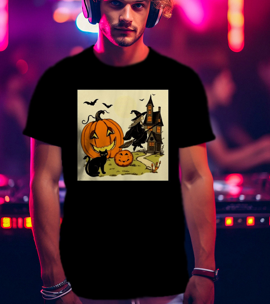 Spooktacular Halloween Black Cat Witch Pumpkin Haunted House T-Shirt