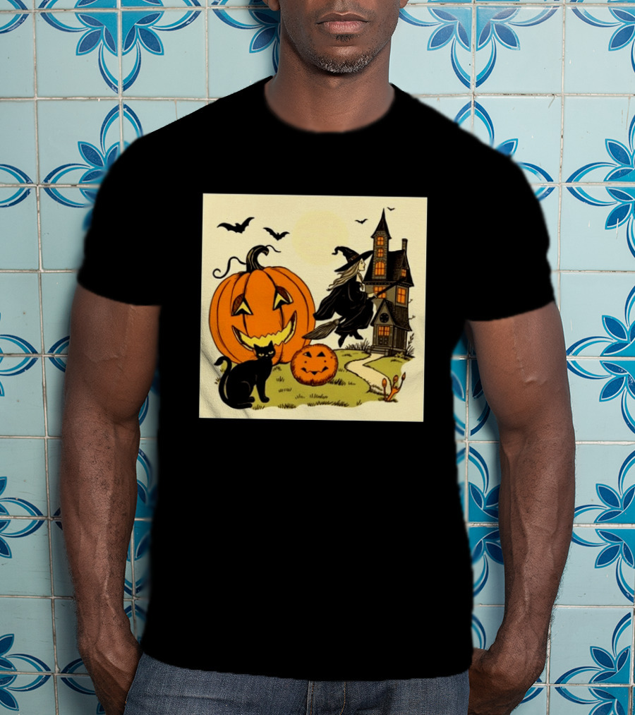 Spooktacular Halloween Black Cat Witch Pumpkin Haunted House T-Shirt
