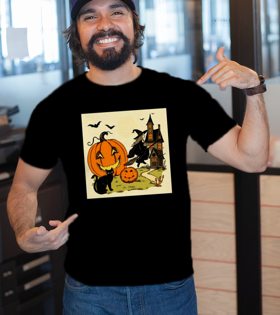 Spooktacular Halloween Black Cat Witch Pumpkin Haunted House T-Shirt