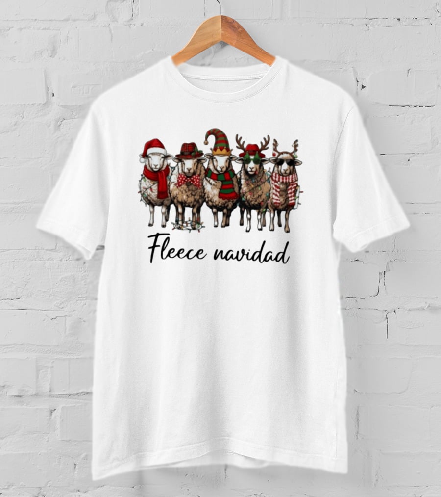 Fleece Navidad Christmas Sheep In Santa Hats Reindeer Antlers And Festive Scarves T-Shirt