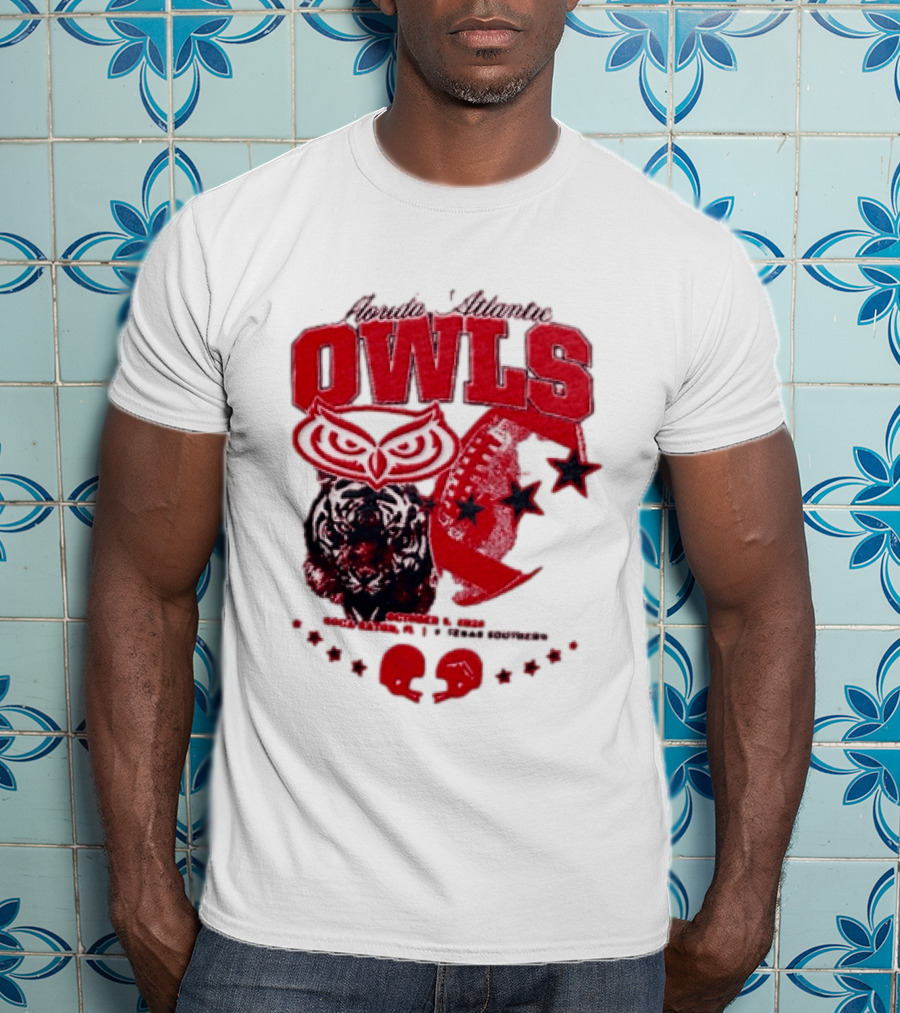 Florida Atlantic Owls Boca Raton Texas Southern 2026 Football Tiger Art Stars Red T-Shirt
