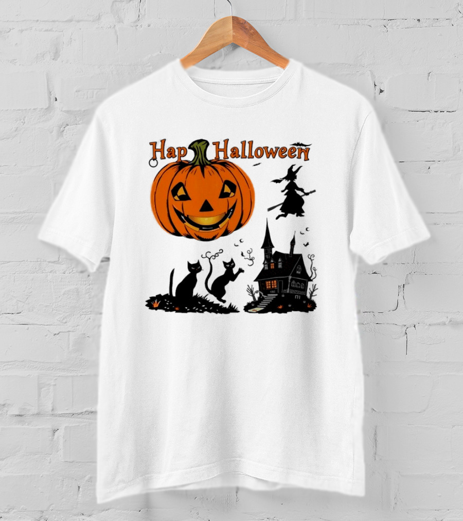 Happy Halloween Pumpkin Black Cats Witch Haunted House T-Shirt