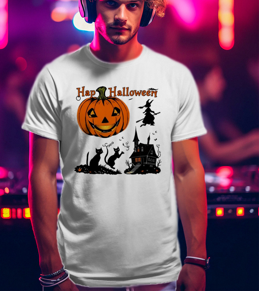 Happy Halloween Pumpkin Black Cats Witch Haunted House T-Shirt