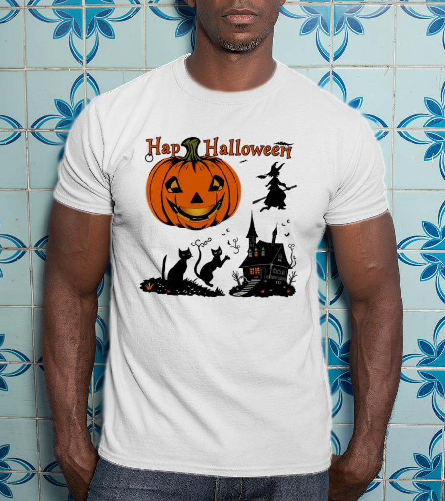 Happy Halloween Pumpkin Black Cats Witch Haunted House T-Shirt