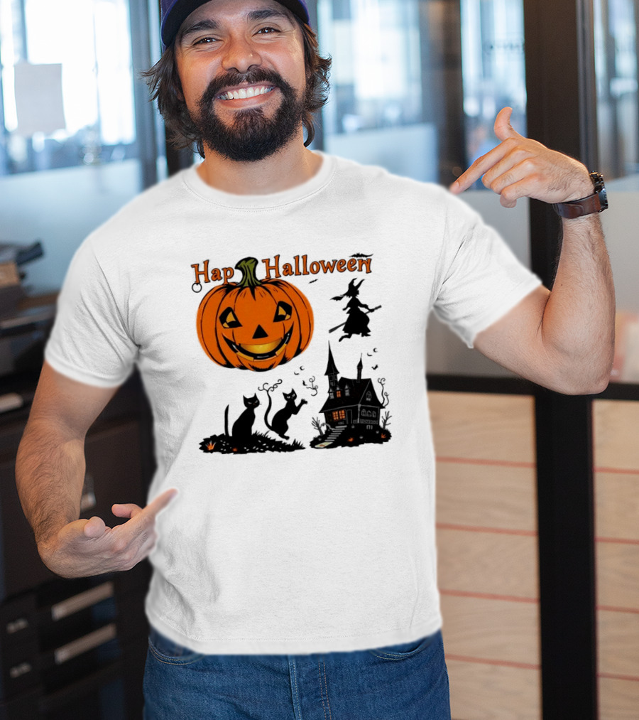 Happy Halloween Pumpkin Black Cats Witch Haunted House T-Shirt