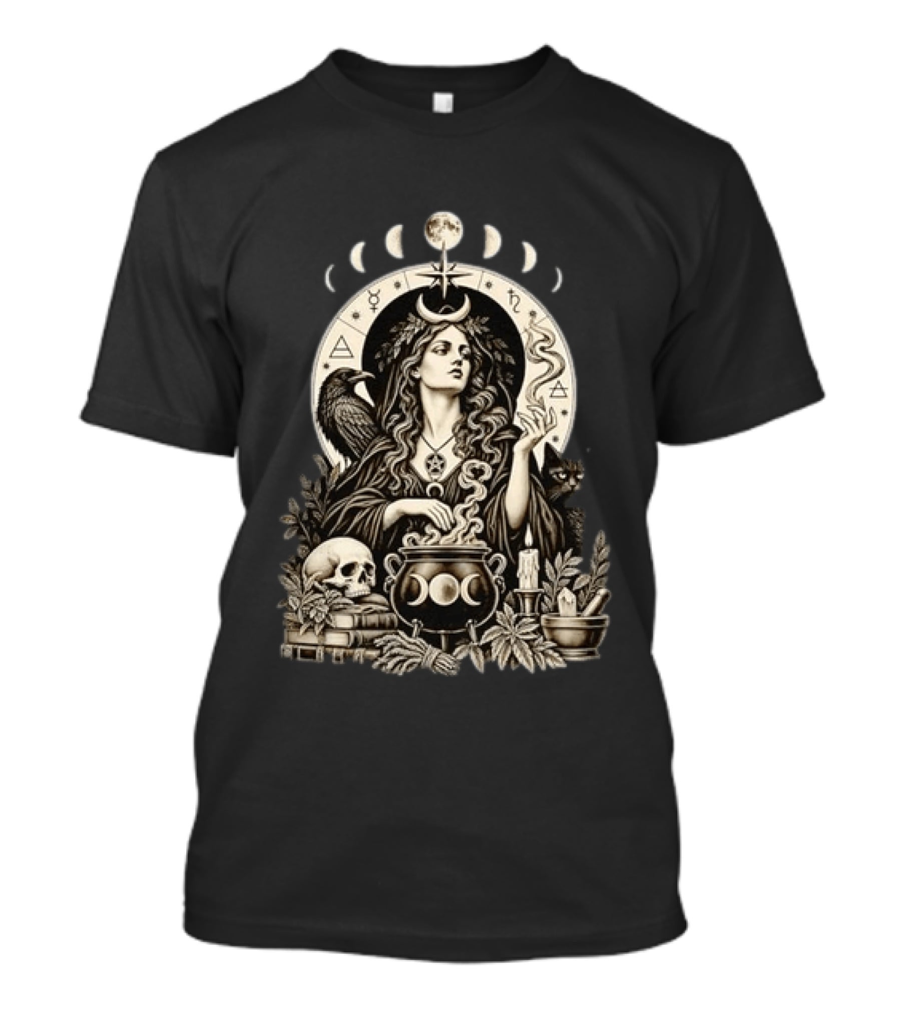 Witch Casting Spell With Raven Cat Pentacle Cauldron Moon Phases T-Shirt