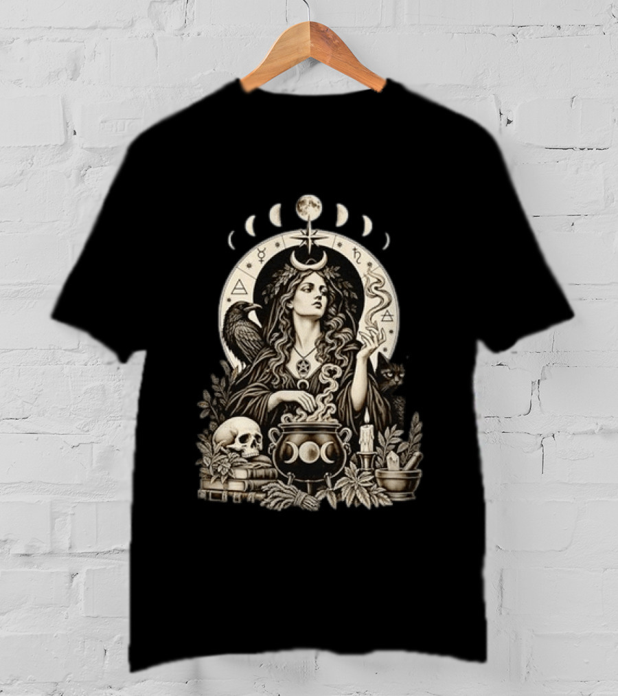 Witch Casting Spell With Raven Cat Pentacle Cauldron Moon Phases T-Shirt