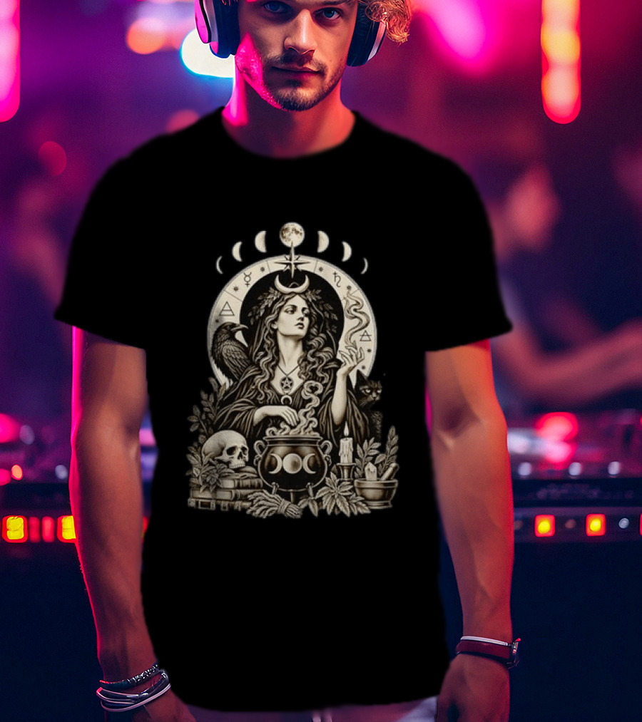 Witch Casting Spell With Raven Cat Pentacle Cauldron Moon Phases T-Shirt