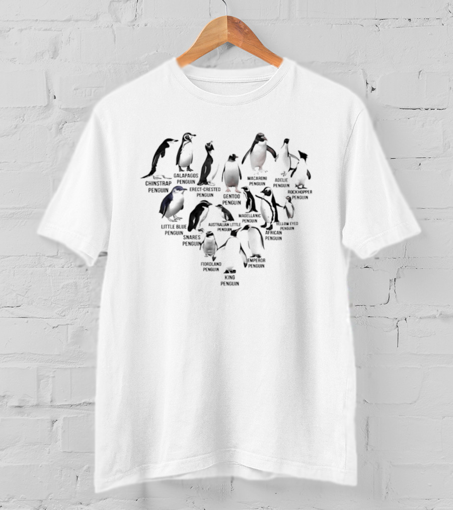 Heart Shape Compilation Featuring Diverse Penguin Species Names T-Shirt