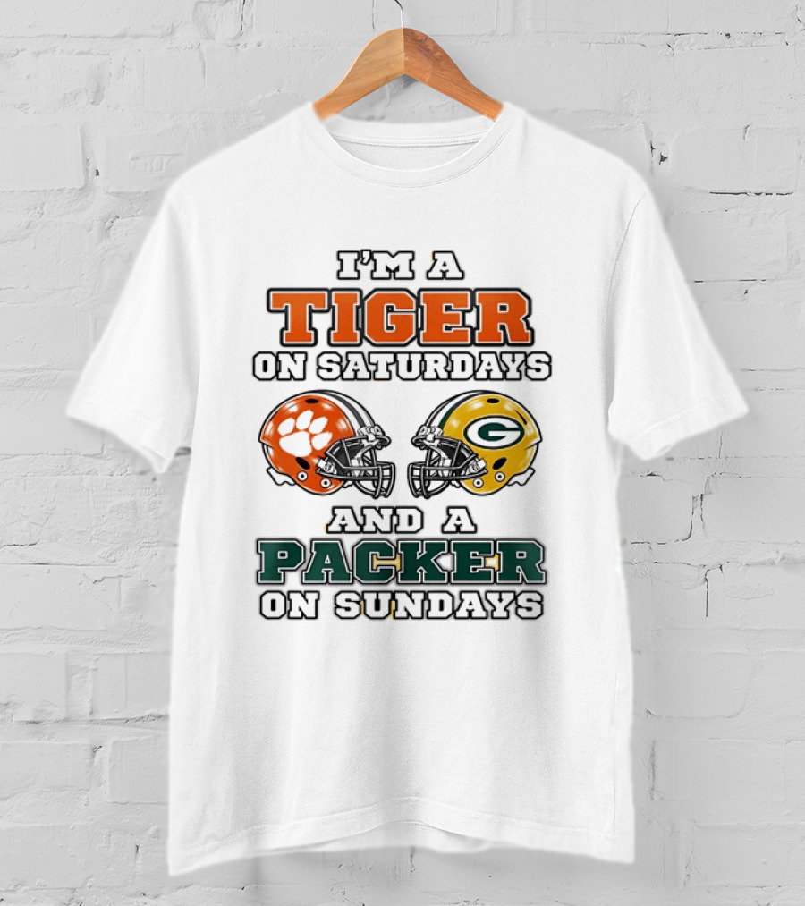 Tiger On Saturdays Clemson Tigers Packer On Sundays Green Bay Packers Helmets T-Shirt