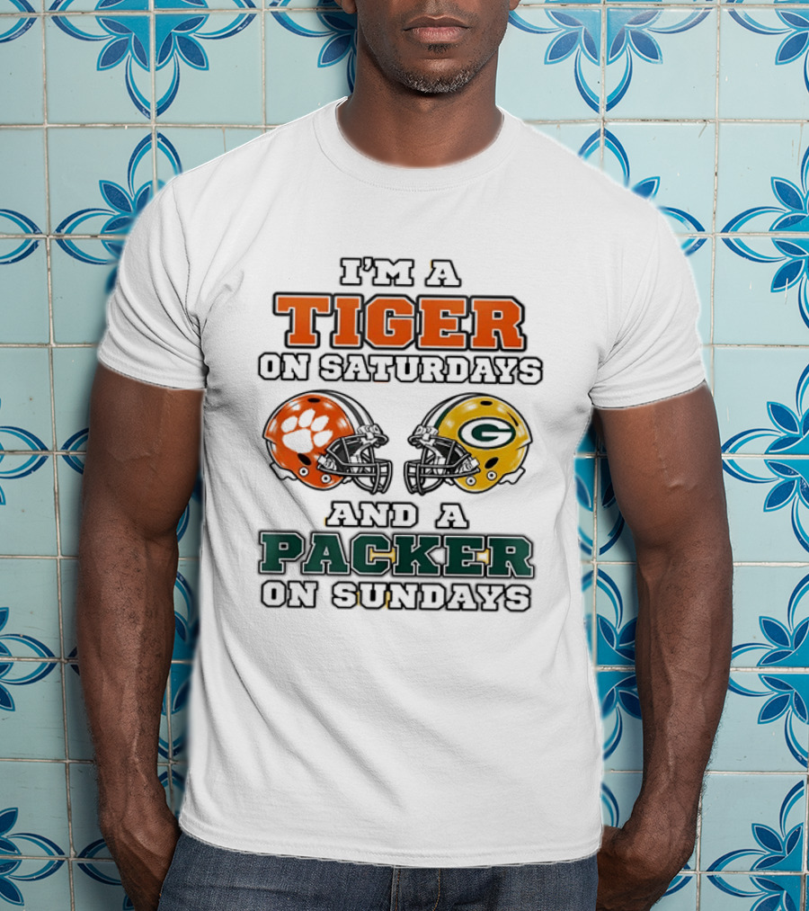 Tiger On Saturdays Clemson Tigers Packer On Sundays Green Bay Packers Helmets T-Shirt