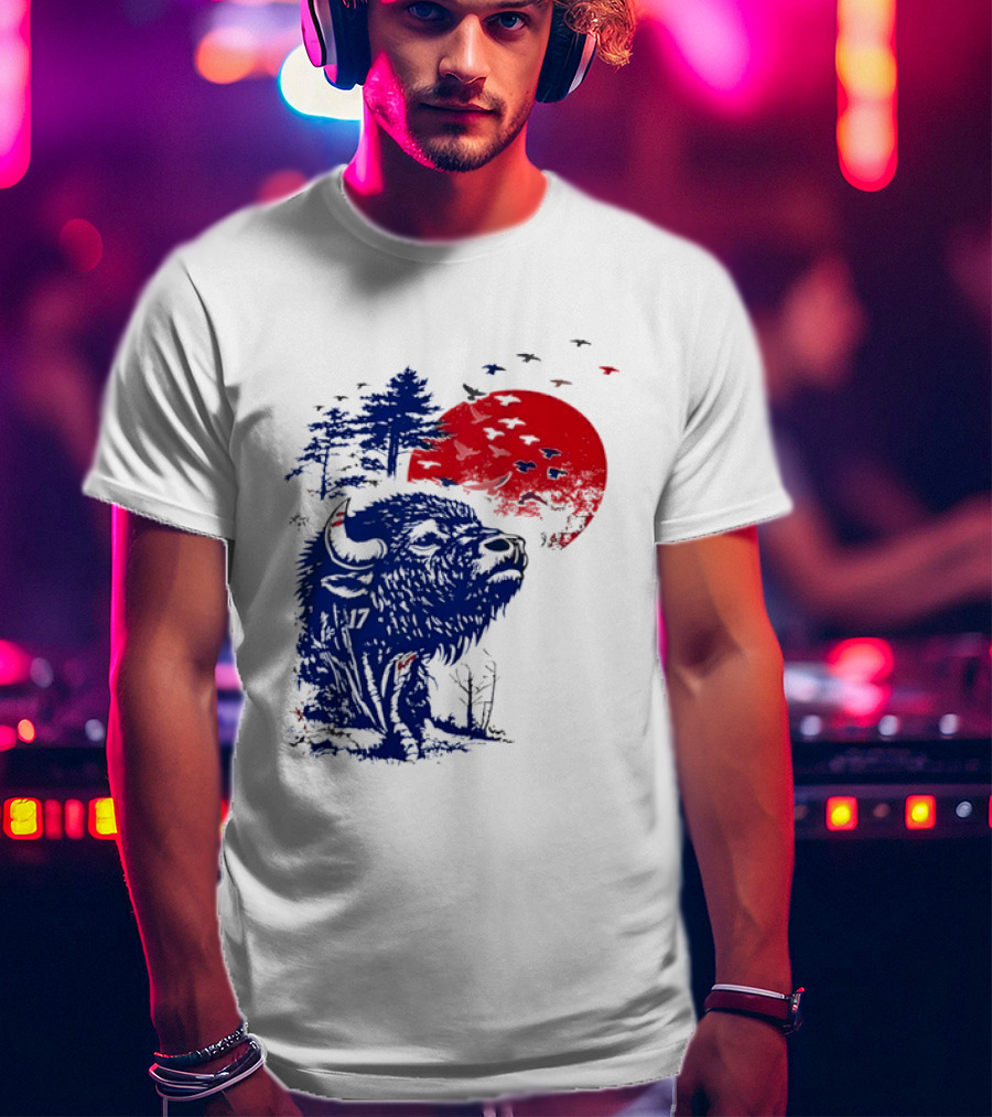Buffalo Bills 17 Bison Sunset With Trees And Red Sun T-Shirt