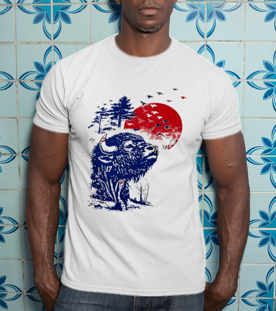 Buffalo Bills 17 Bison Sunset With Trees And Red Sun T-Shirt