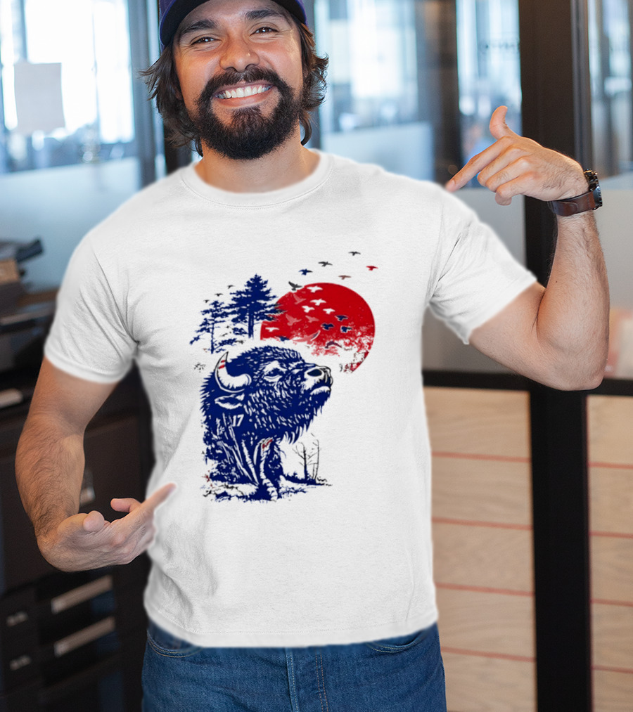 Buffalo Bills 17 Bison Sunset With Trees And Red Sun T-Shirt