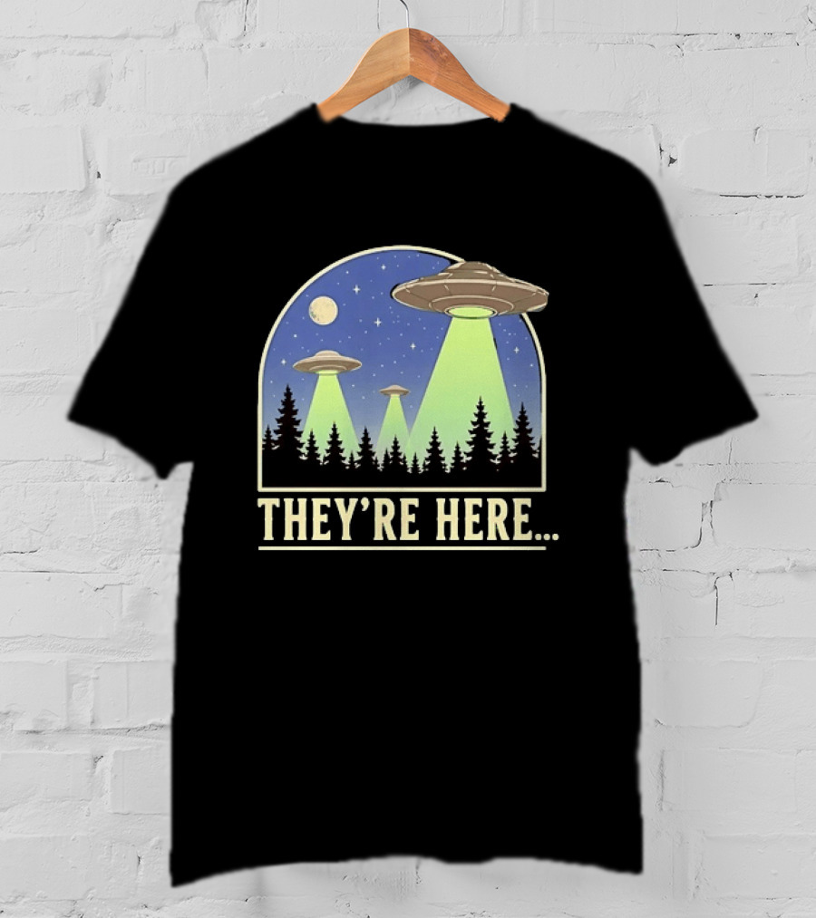 They're Here UFO Alien Abduction Night Forest Scene T-Shirt