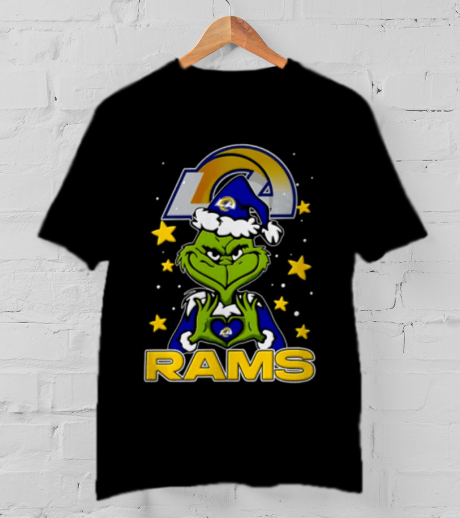 Los Angeles Rams Grinch Santa Hat Christmas Cartoon Fan Gear T-Shirt