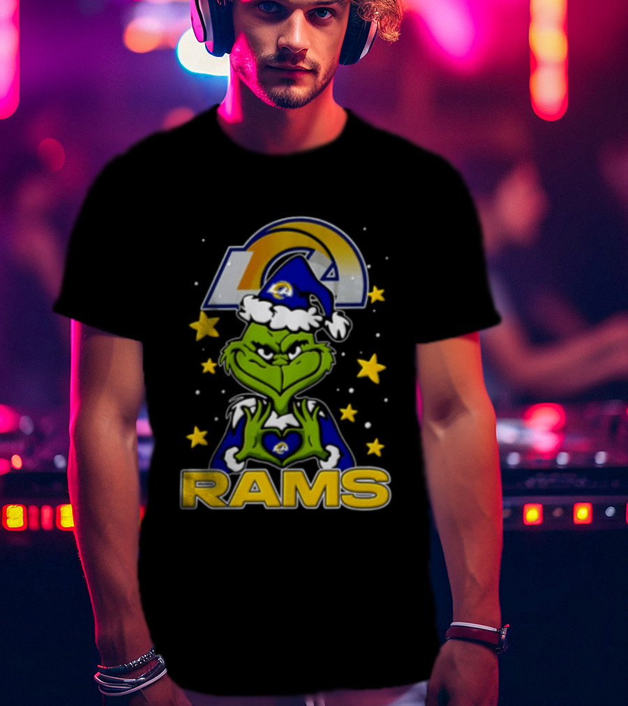 Los Angeles Rams Grinch Santa Hat Christmas Cartoon Fan Gear T-Shirt