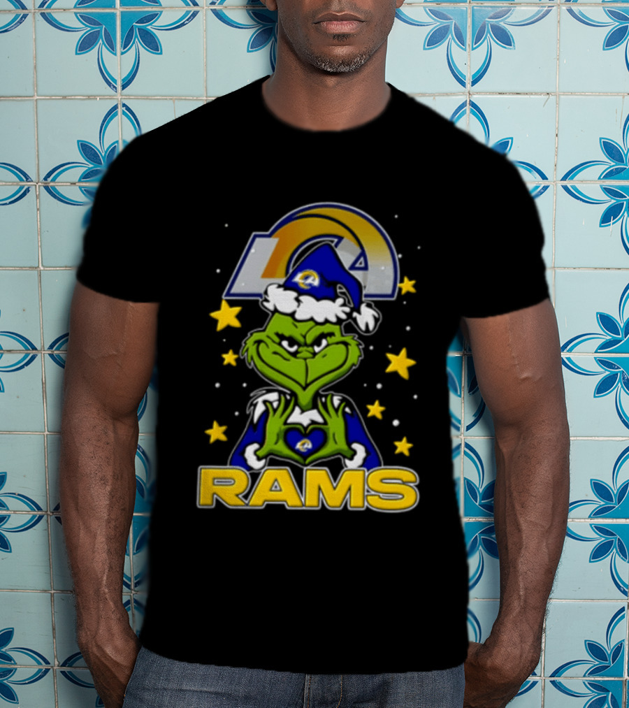 Los Angeles Rams Grinch Santa Hat Christmas Cartoon Fan Gear T-Shirt