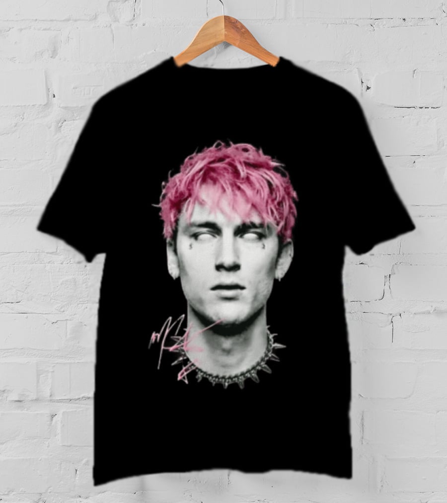 Machine Gun Kelly Pink Hair Spiked Choker Monochrome Signature T-Shirt