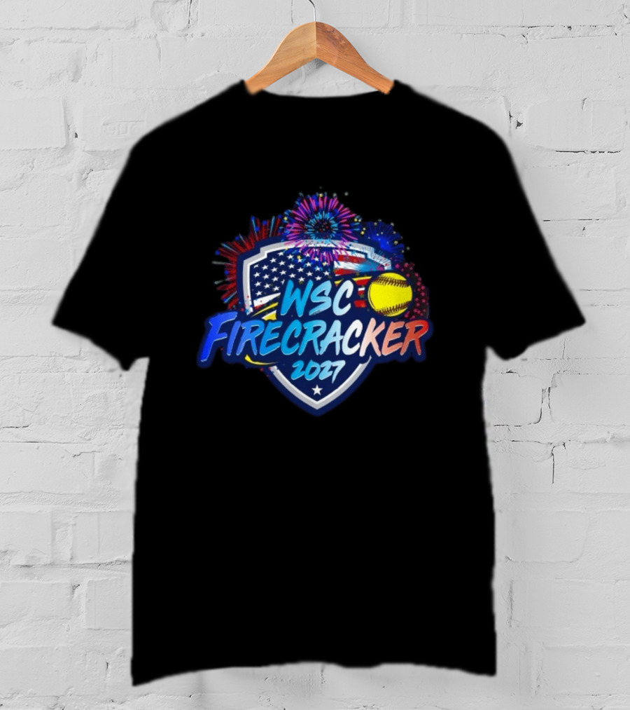 WSC Firecracker 2027 Softball Patriotic Shield Fireworks Yellow Ball Stars T-Shirt