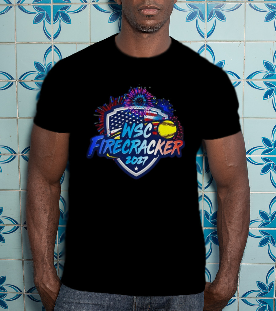 WSC Firecracker 2027 Softball Patriotic Shield Fireworks Yellow Ball Stars T-Shirt