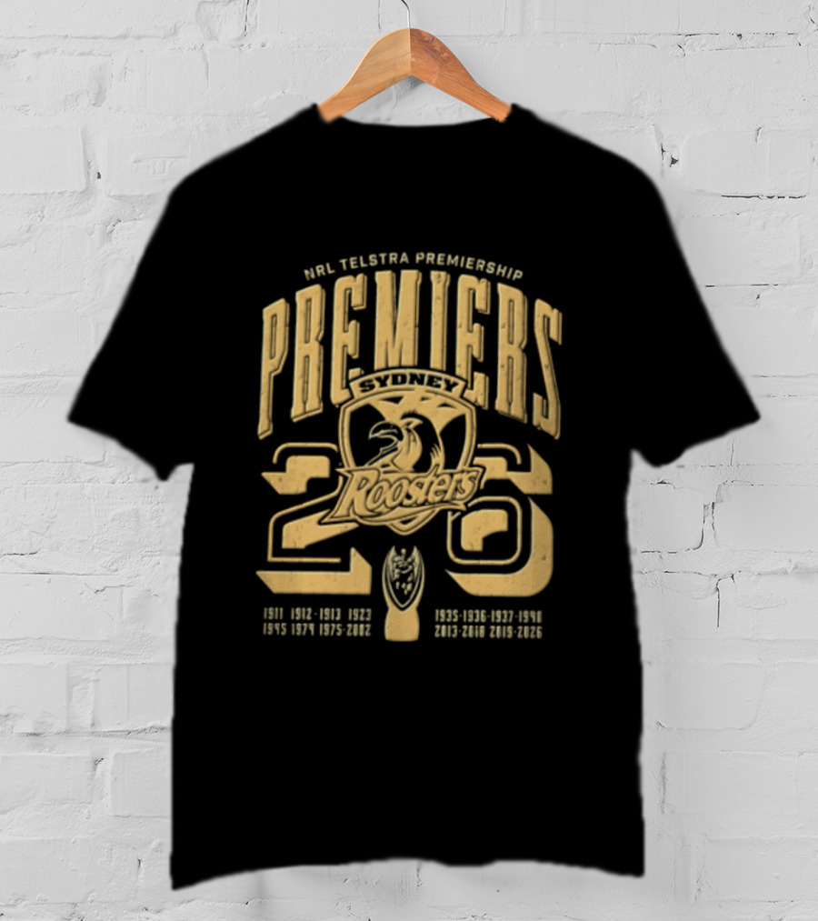 NRL Telstra Premiership Premiers Sydney Roosters 26 Champions History Roosters Gold T-Shirt