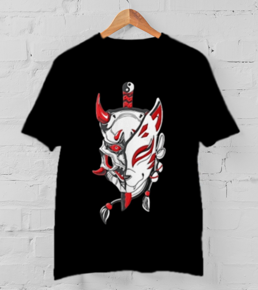 Oni Kitsune Mask Split Samurai Katana Fusion T-Shirt