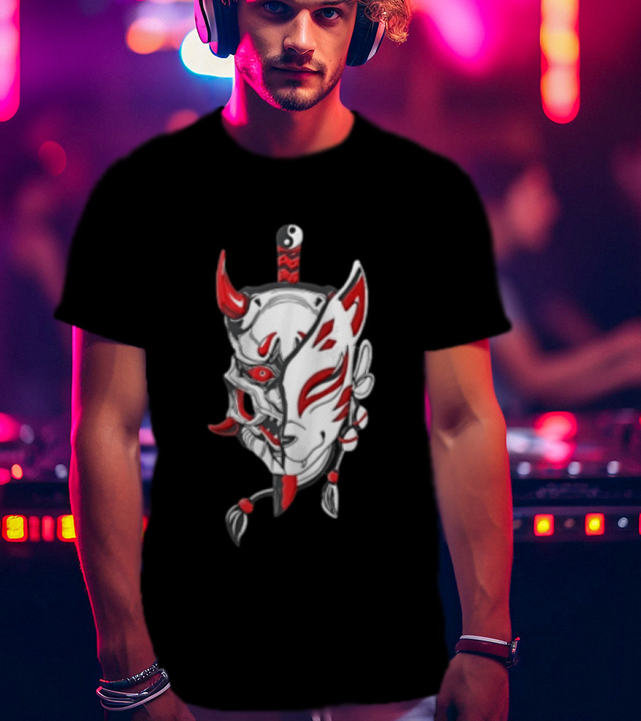 Oni Kitsune Mask Split Samurai Katana Fusion T-Shirt