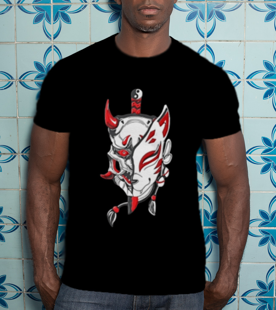 Oni Kitsune Mask Split Samurai Katana Fusion T-Shirt