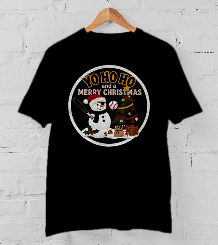 Pittsburgh Pirates Yo Ho Ho Merry Christmas Snowman With Baseball And Tree T-Shirt