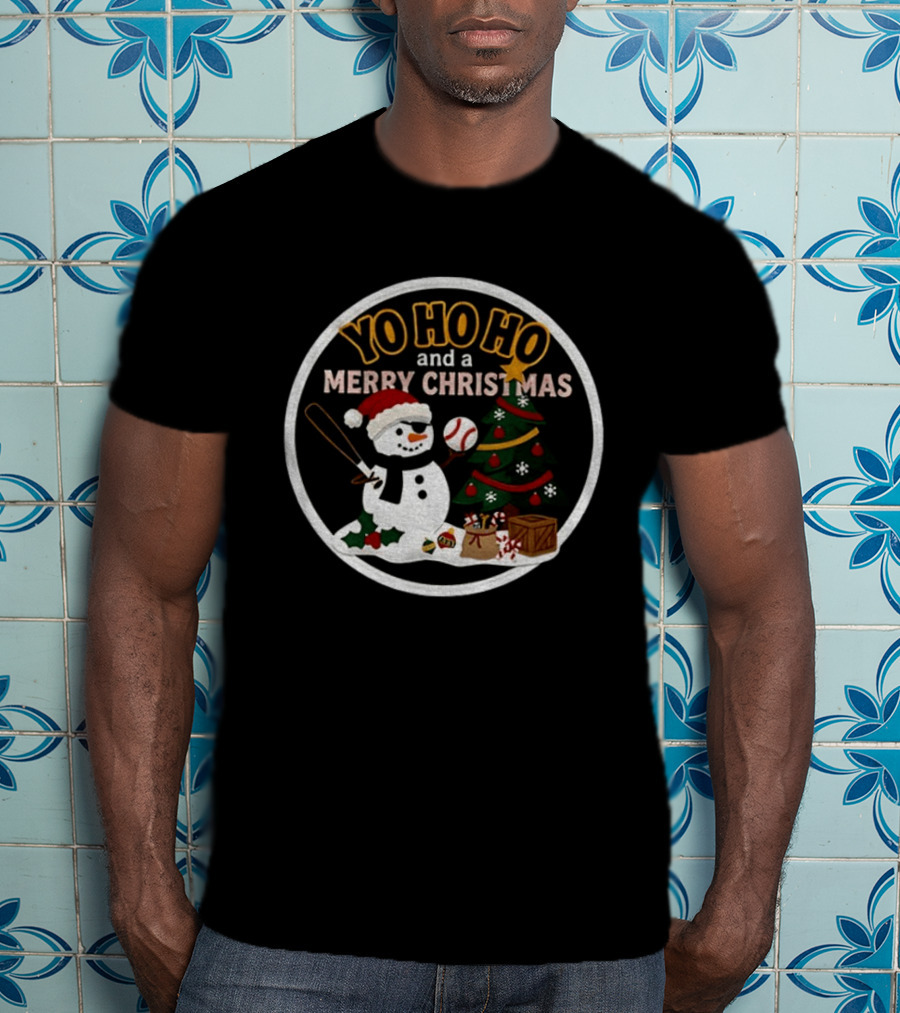 Pittsburgh Pirates Yo Ho Ho Merry Christmas Snowman With Baseball And Tree T-Shirt