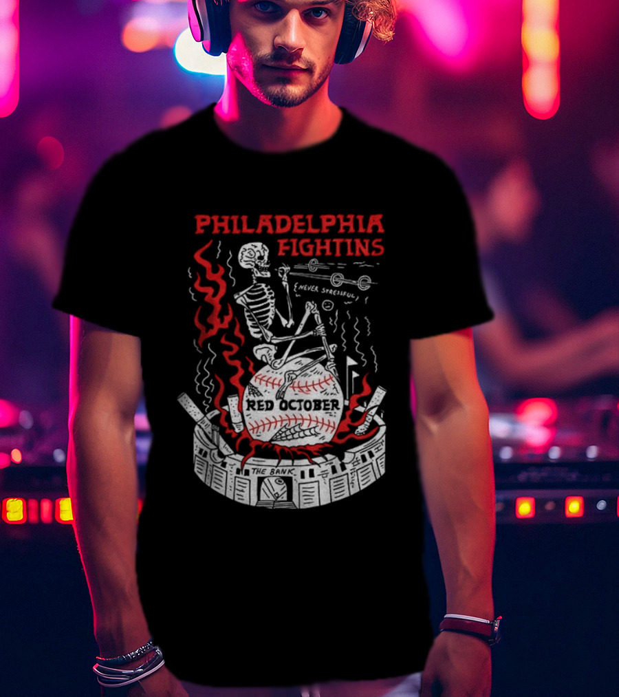Philadelphia Fightins Skeleton Baseball Red October Never Stressful T-Shirt