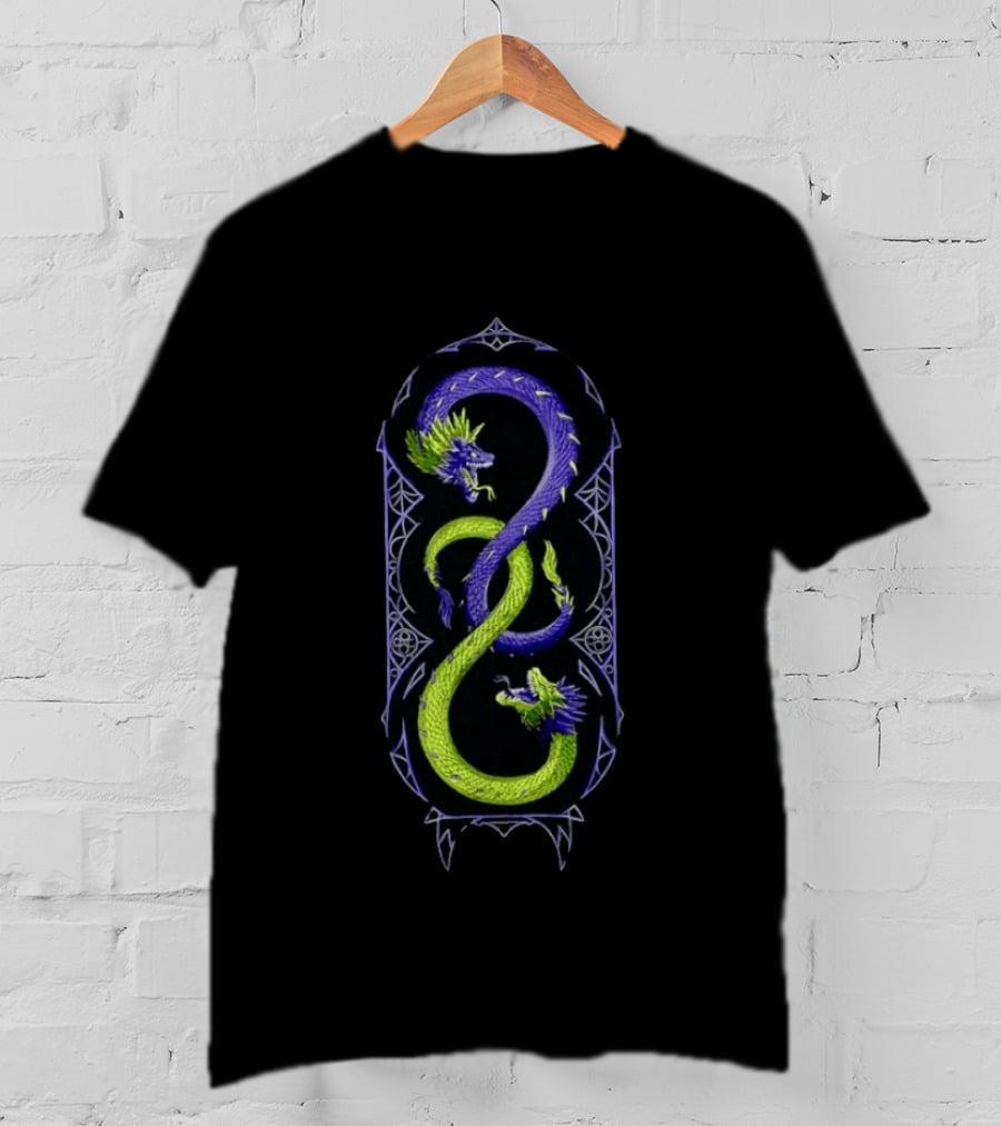 Intertwined Purple And Green Mythical Dragons Infinity Symbol Motif T-Shirt