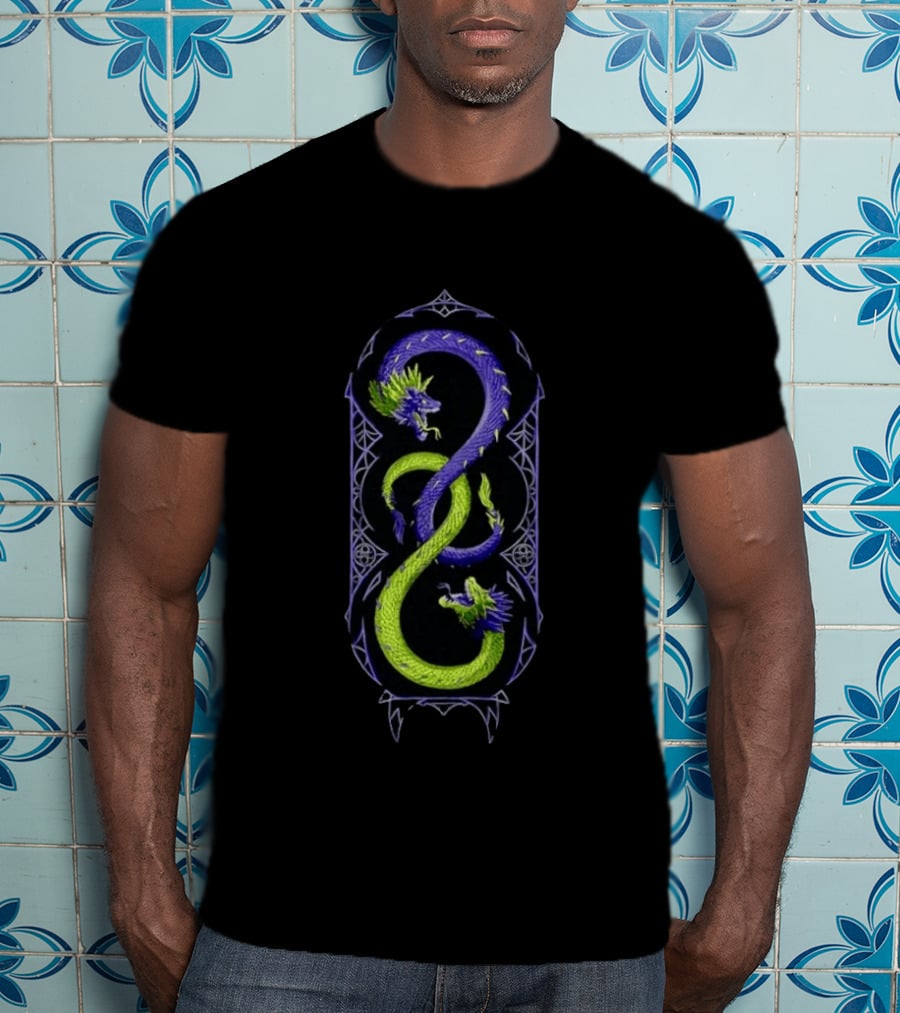 Intertwined Purple And Green Mythical Dragons Infinity Symbol Motif T-Shirt