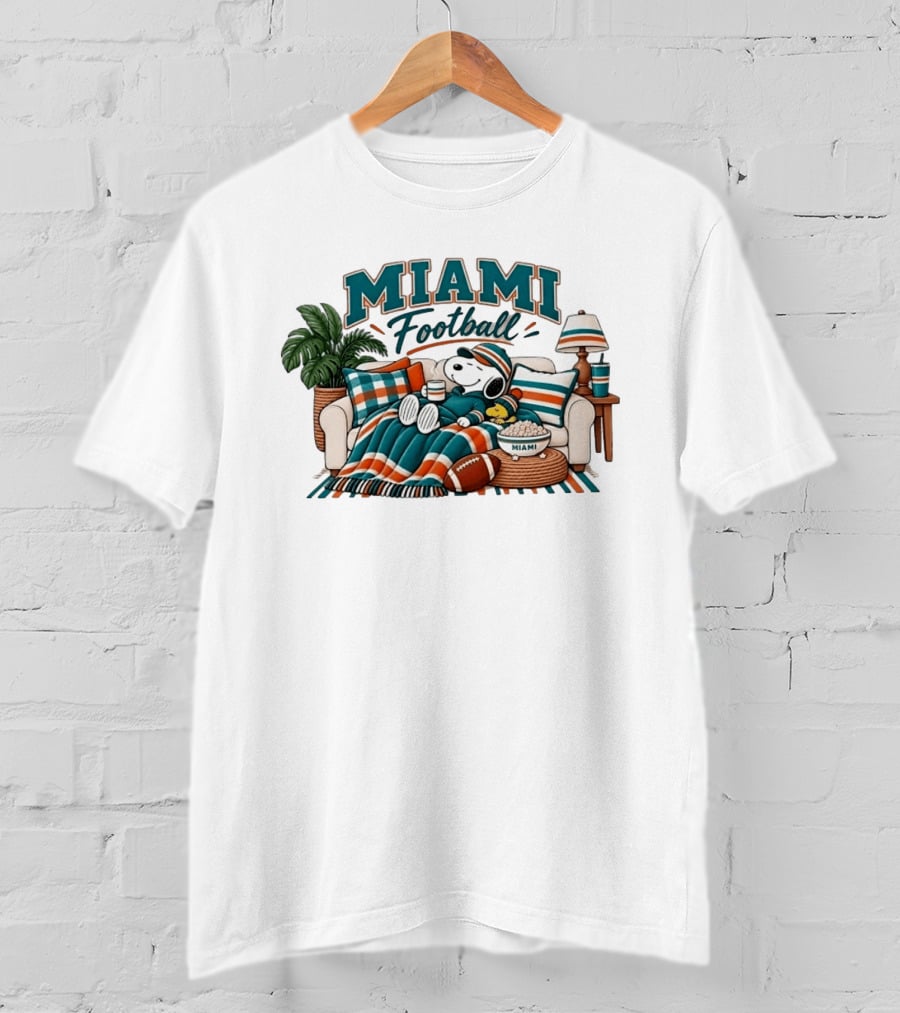Miami Dolphins Snoopy Woodstock Couch With Miami Football T-Shirt