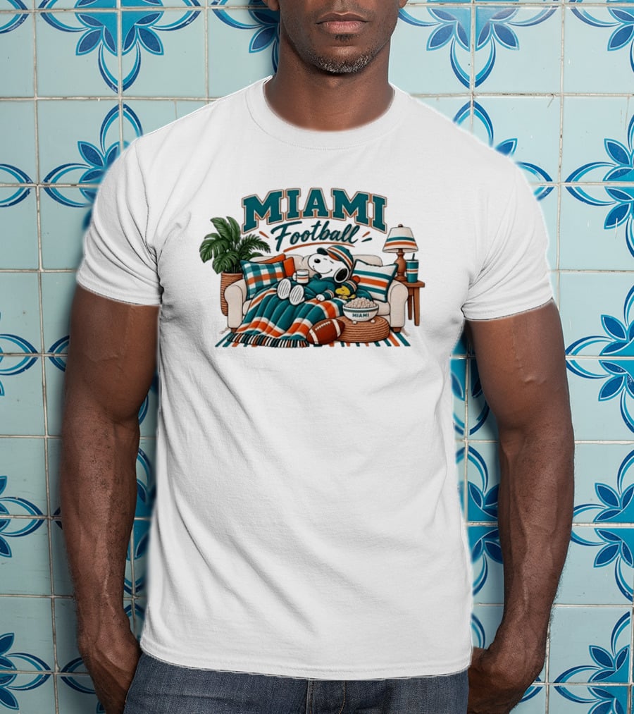 Miami Dolphins Snoopy Woodstock Couch With Miami Football T-Shirt
