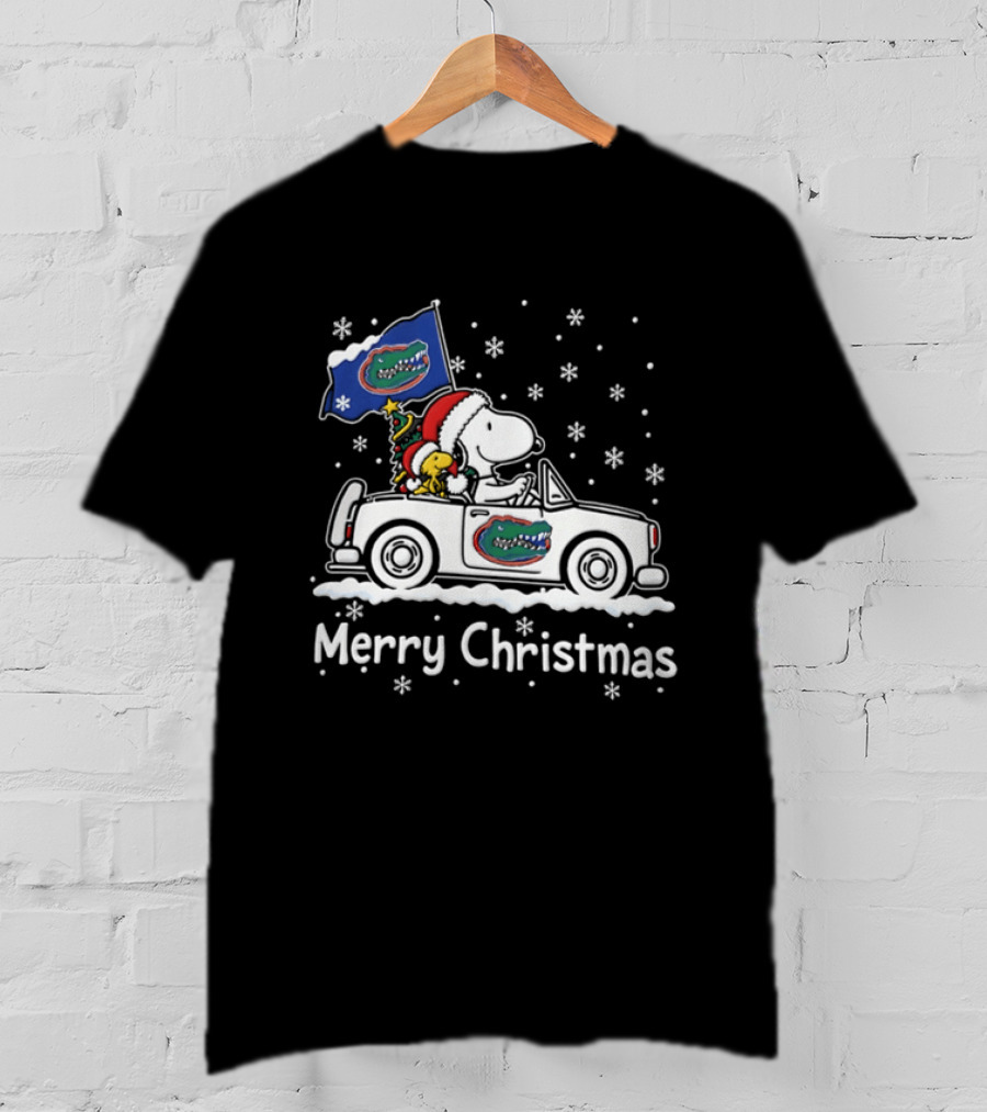 Florida Gators Snoopy Woodstock Driving Car Merry Christmas 2026 Snowflakes T-Shirt