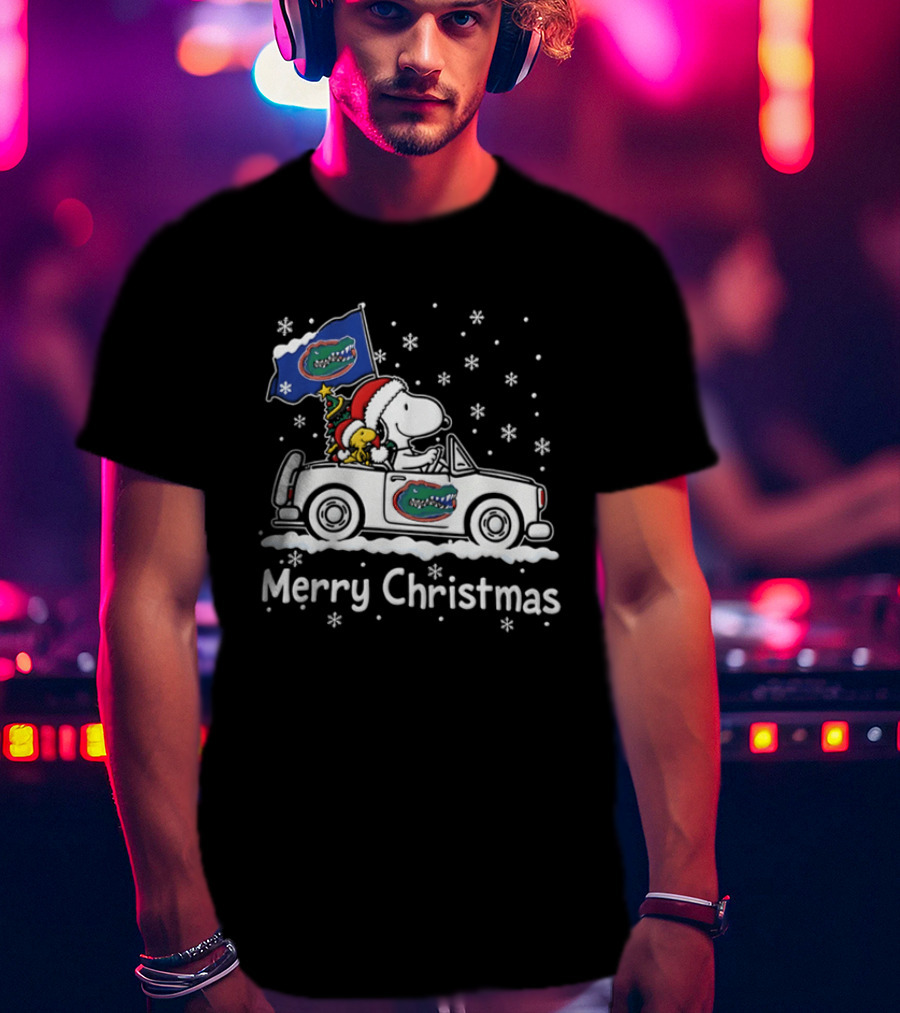 Florida Gators Snoopy Woodstock Driving Car Merry Christmas 2026 Snowflakes T-Shirt
