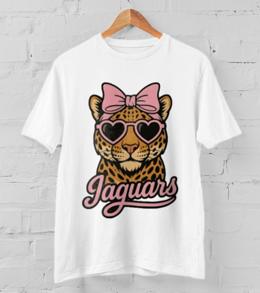Jacksonville Jaguars Leopard Pink Bow Heart Sunglasses T-Shirt