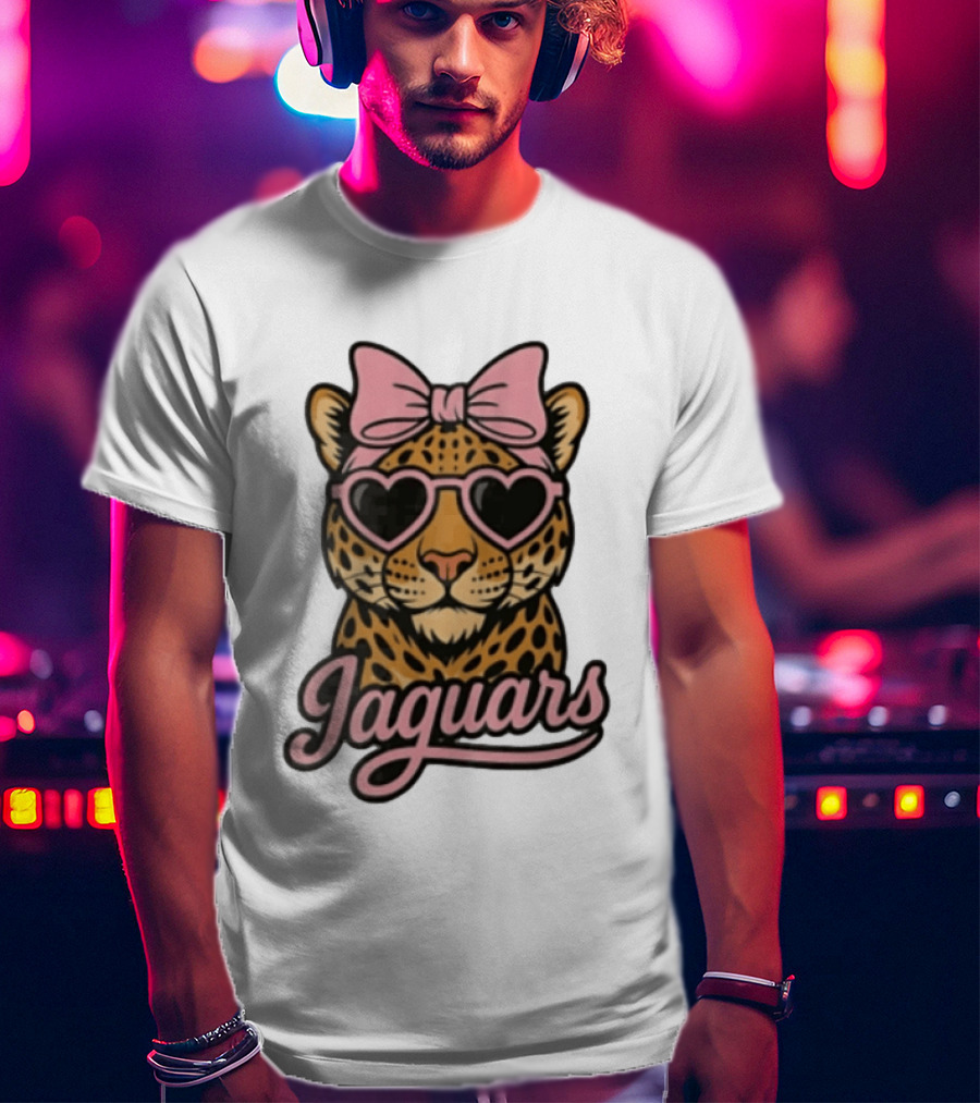 Jacksonville Jaguars Leopard Pink Bow Heart Sunglasses T-Shirt