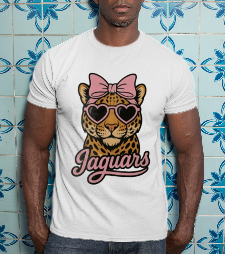 Jacksonville Jaguars Leopard Pink Bow Heart Sunglasses T-Shirt
