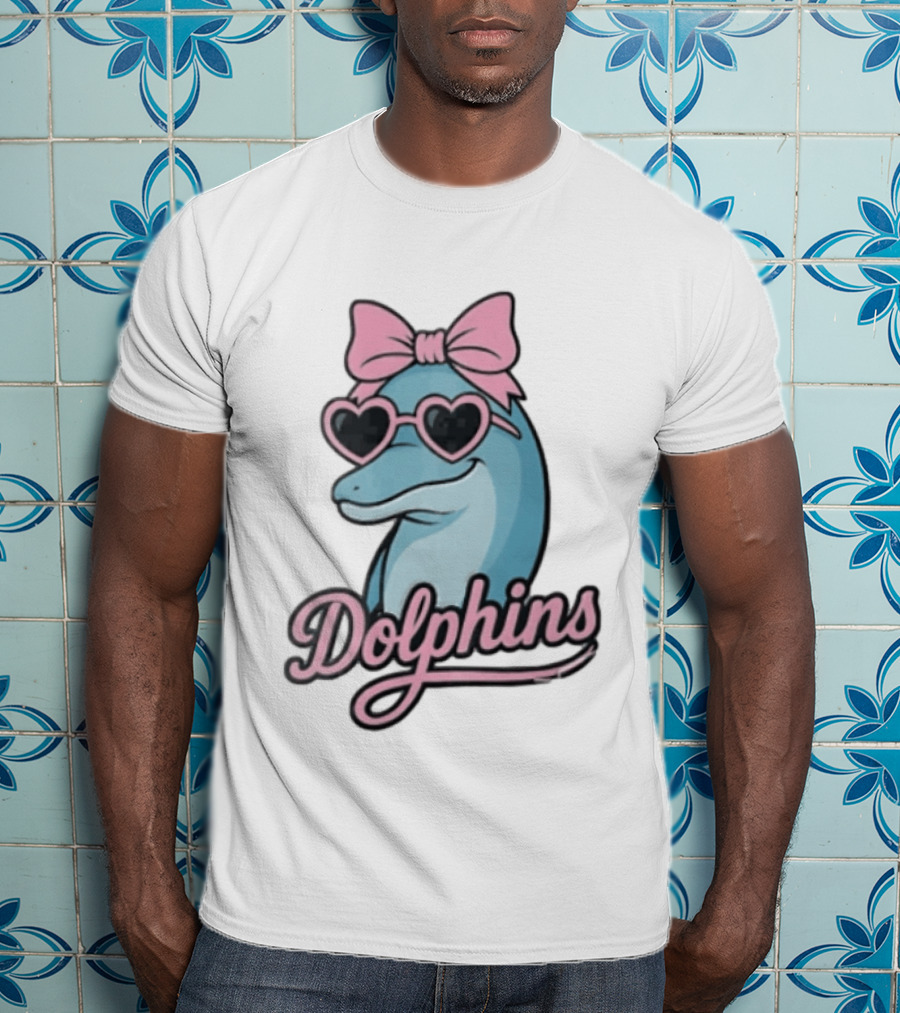 Dolphins Blue Dolphin Pink Bow Heart Sunglasses T-Shirt