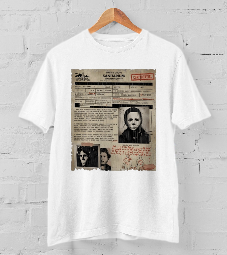 Smith's Grove Sanitarium Confidential Patient File Michael Myers Vintage Horror Movie Scene T-Shirt