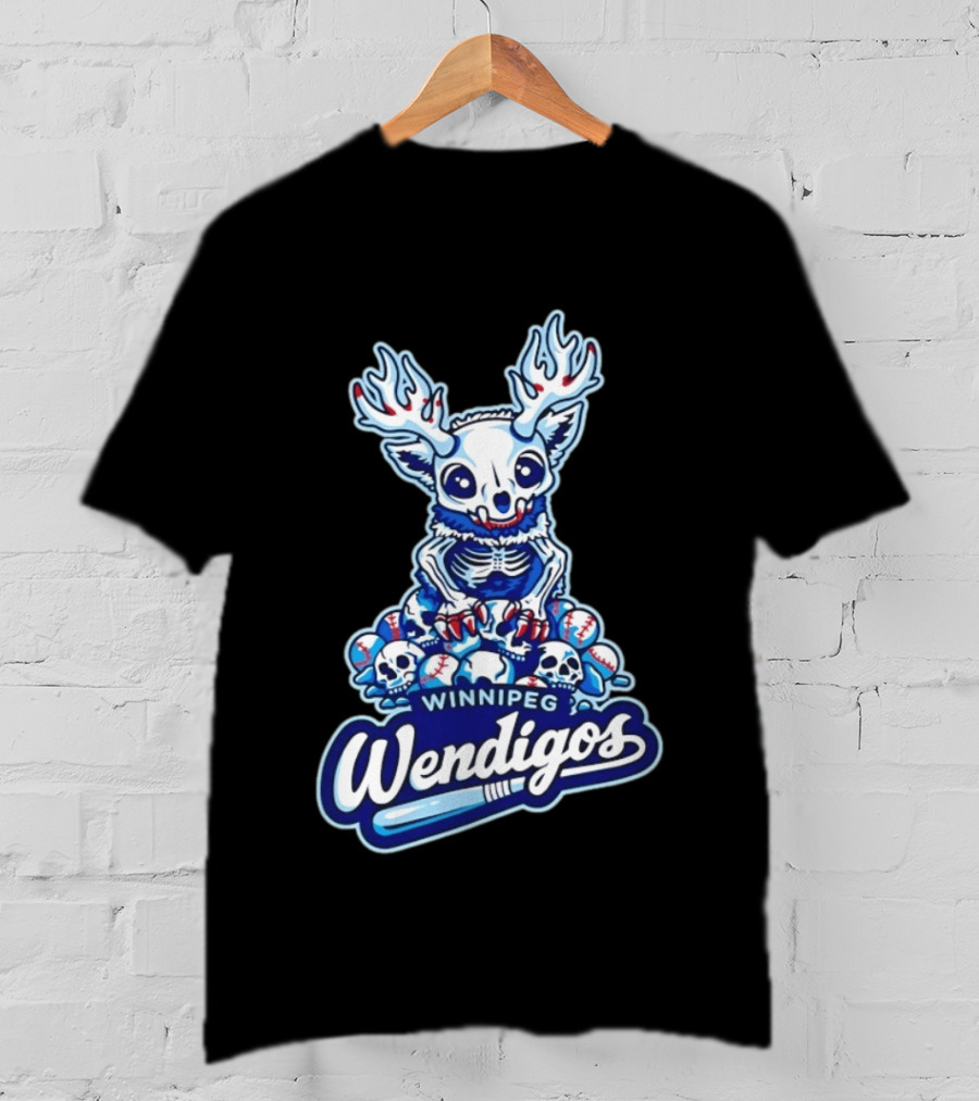 Winnipeg Wendigos Baseball Skull With Antlers And Blue Bats T-Shirt