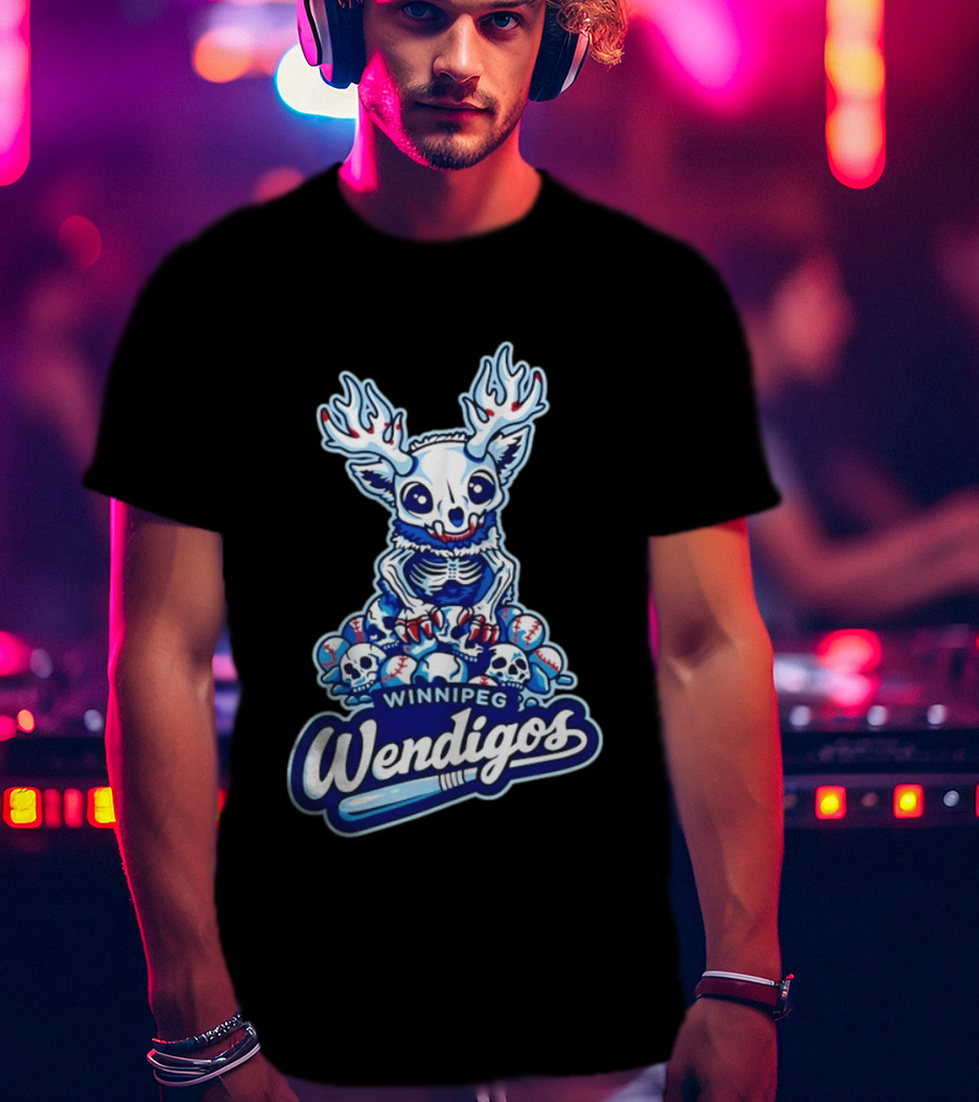Winnipeg Wendigos Baseball Skull With Antlers And Blue Bats T-Shirt