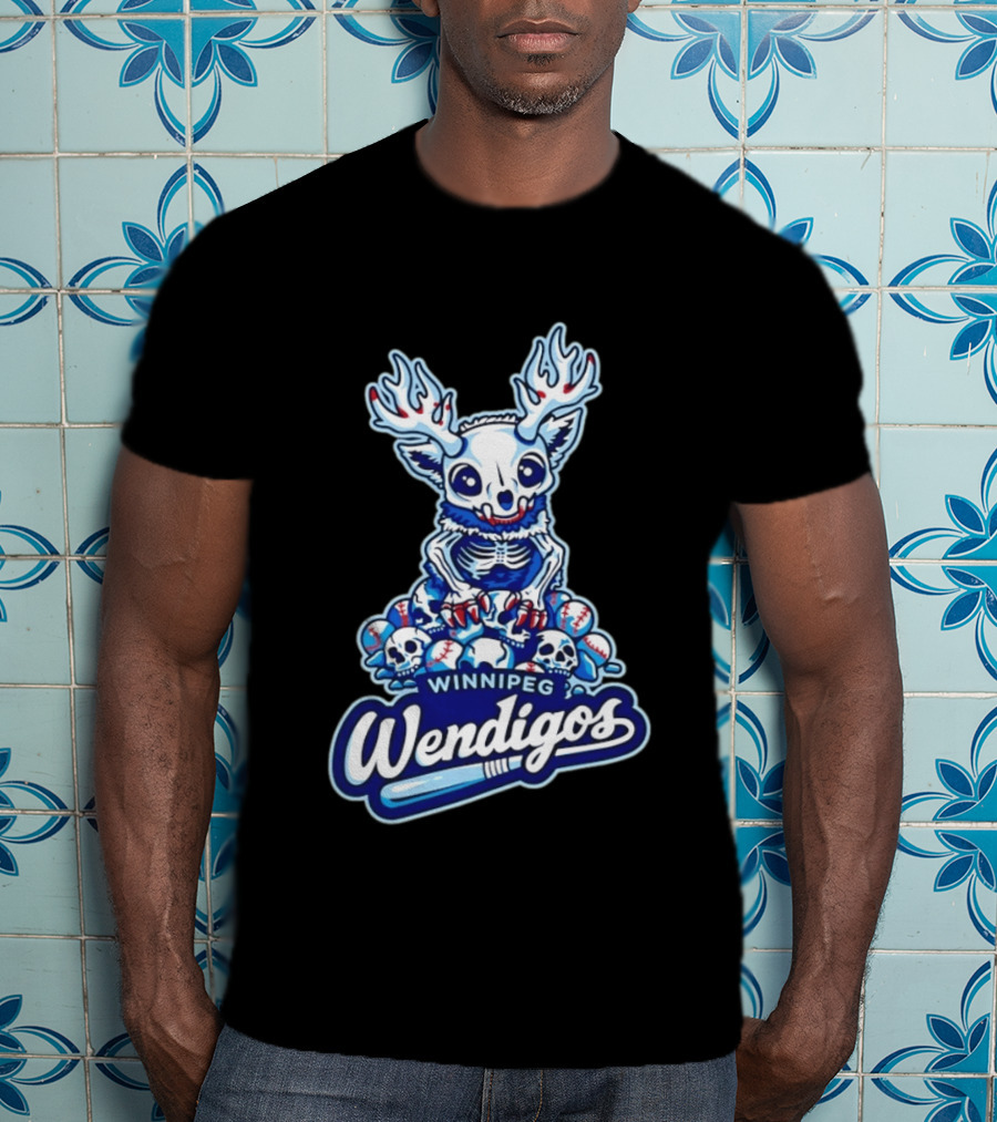 Winnipeg Wendigos Baseball Skull With Antlers And Blue Bats T-Shirt