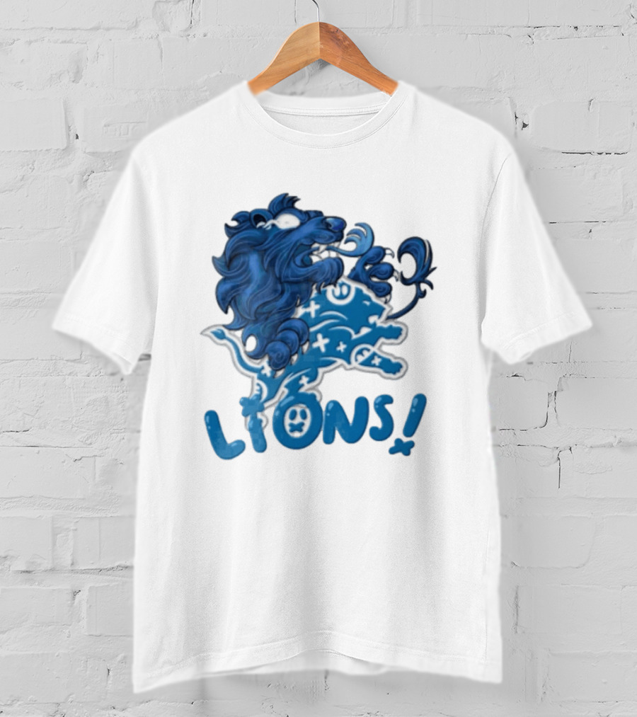 Detroit Lions Blue Lion Roaring Mascot With Playful Lettering T-Shirt