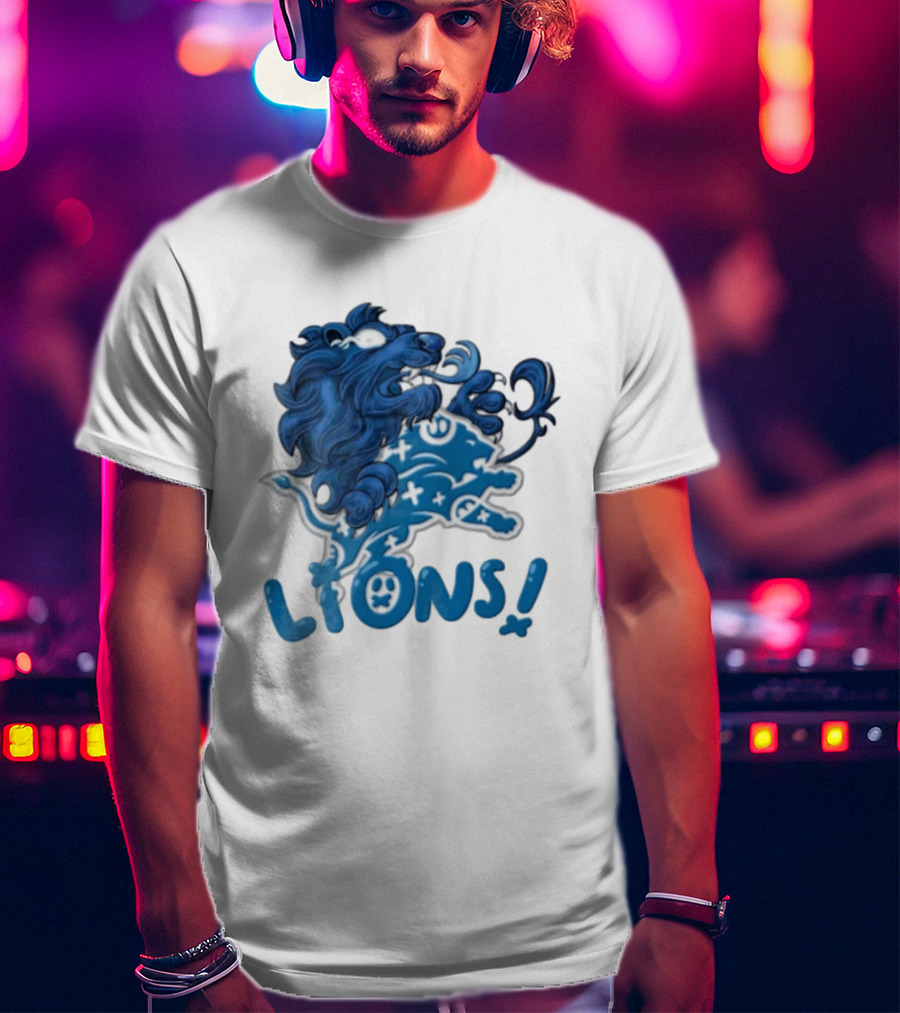 Detroit Lions Blue Lion Roaring Mascot With Playful Lettering T-Shirt